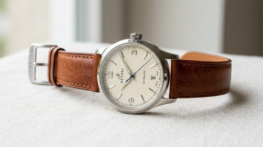 Close-up detail shot of a classic mens wristwatch with genu