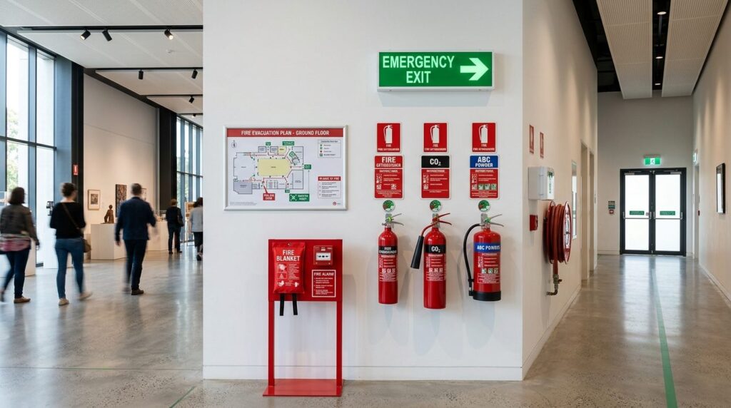 Wide-angle photograph of a well-organized fire safety statio