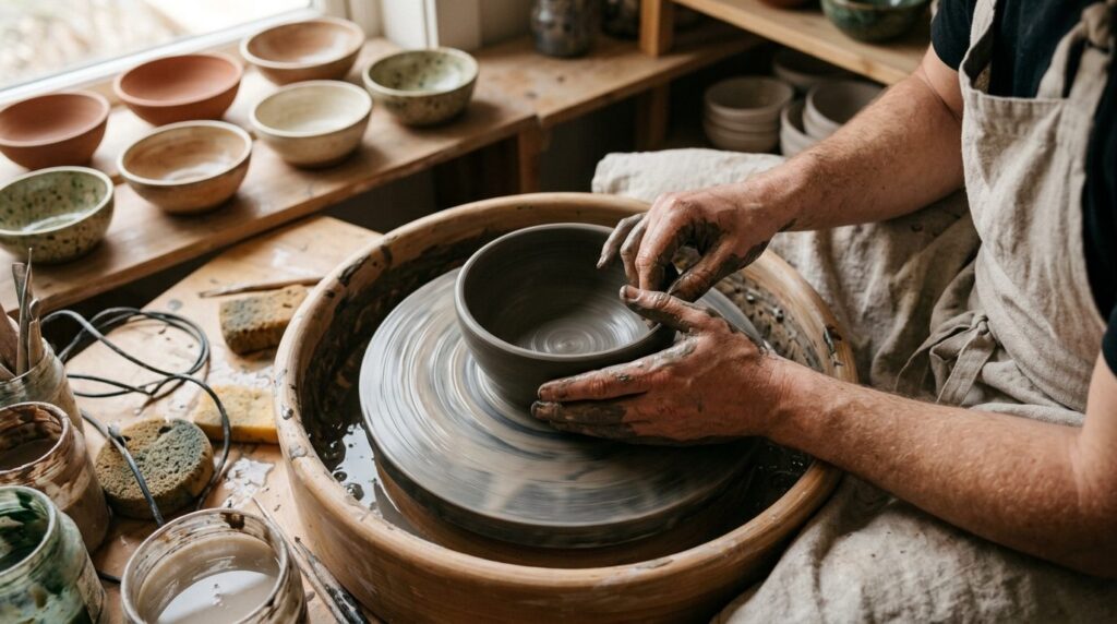 Close-up overhead shot of a potters hands shaping clay on a