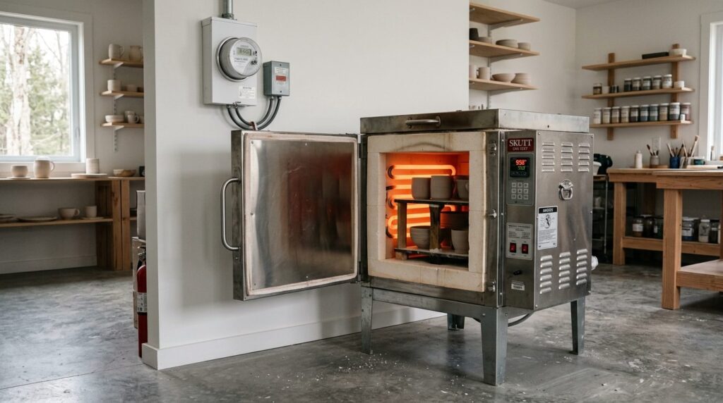 A residential ceramic kiln with its door slightly open showi