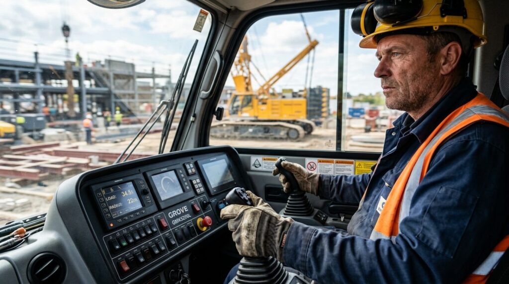 Close-up photorealistic shot of a crane operator inside the 