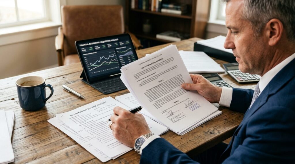 Close-up of hands holding business contract and checklist fo