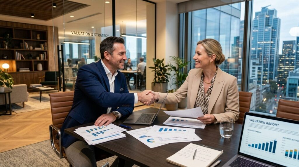 Confident lifestyle business owner discussing company valuat