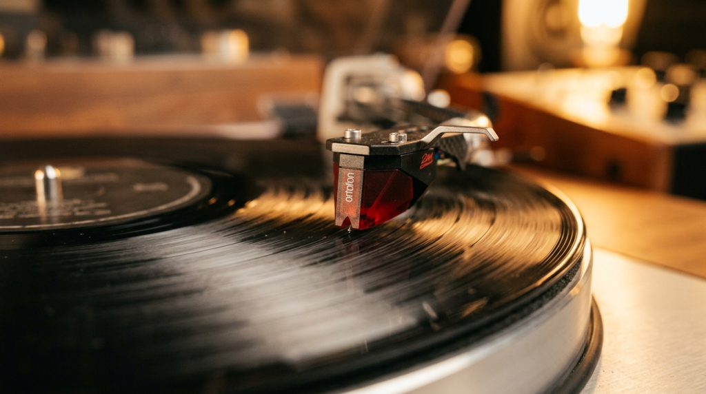 Close-up detail shot of a turntable stylus needle on a spinn