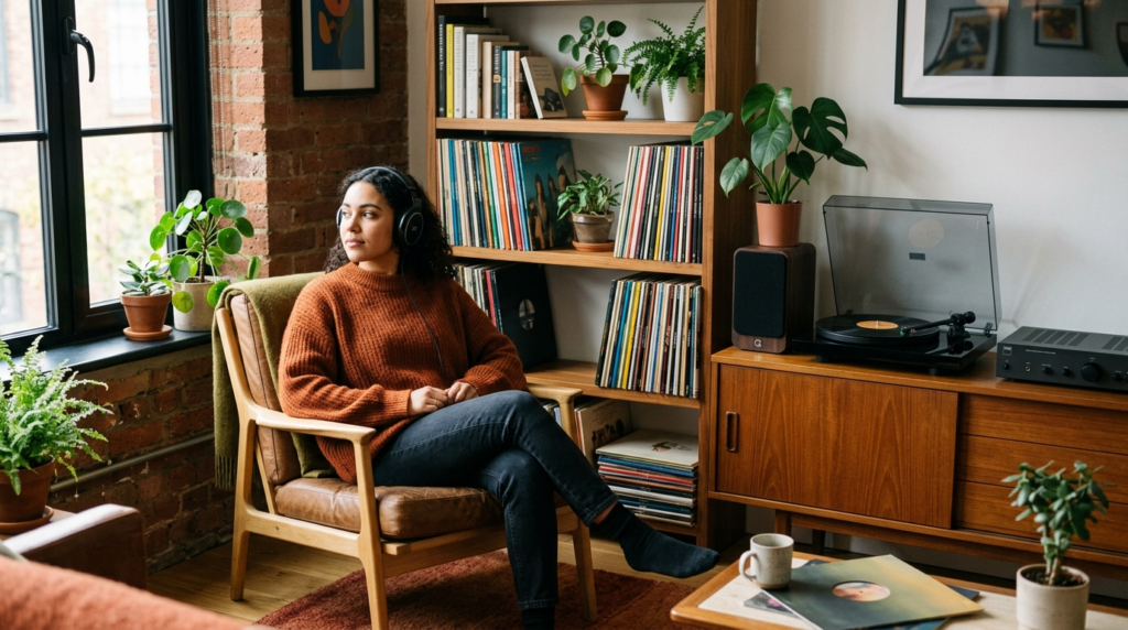 Young adult in contemporary home listening to vinyl music on