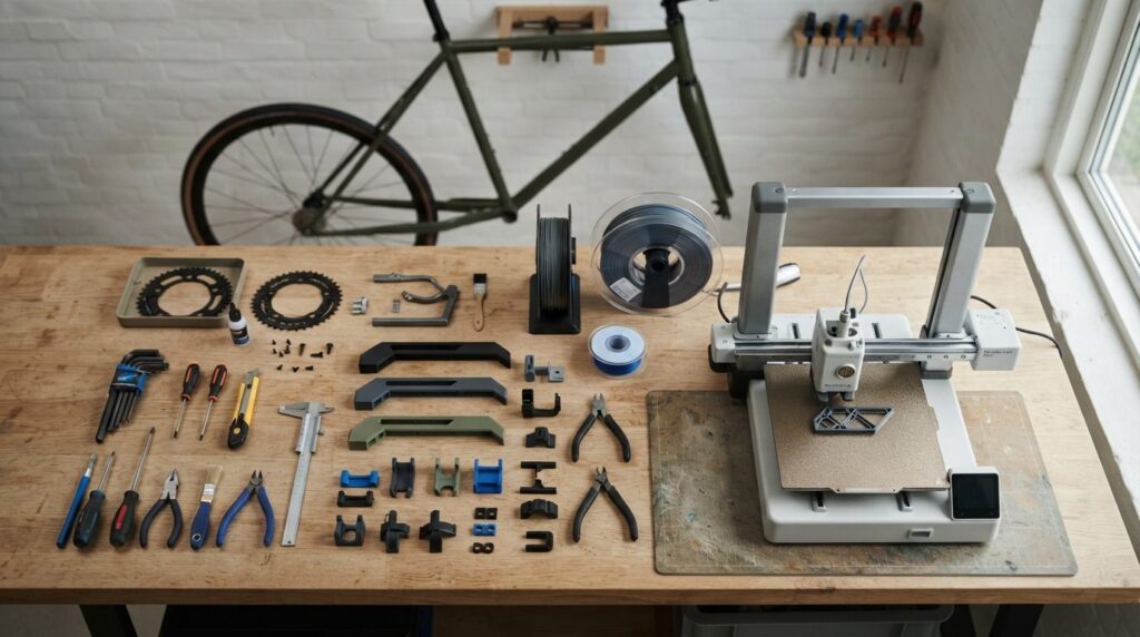 Overhead flat lay composition of a Danish cyclists workbenc
