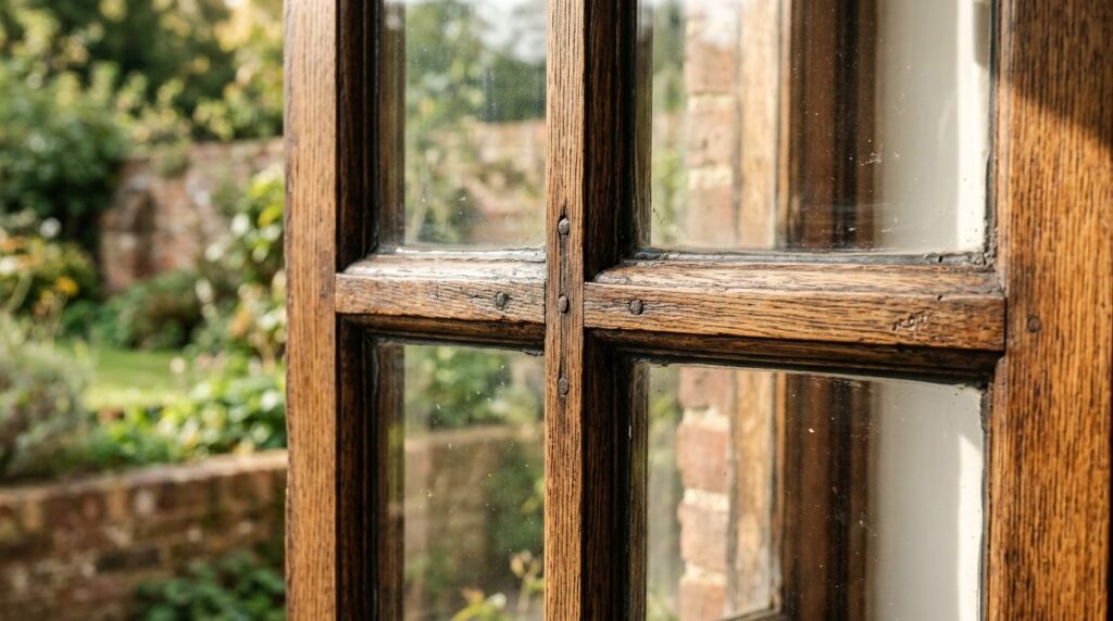 Close-up detail shot of expertly restored wooden window fram