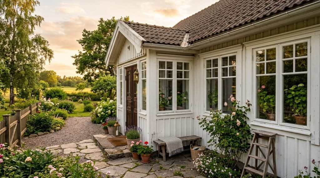 Panoramic view of a charming summer cottage exterior with mu