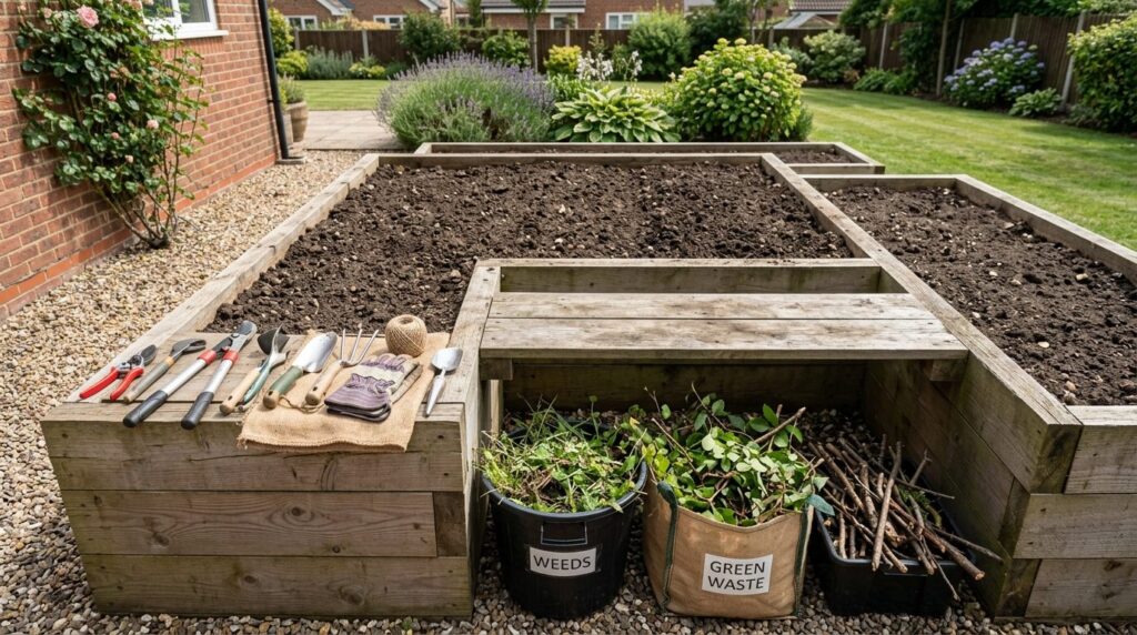 Close-up overhead view of a homeowners garden work station 