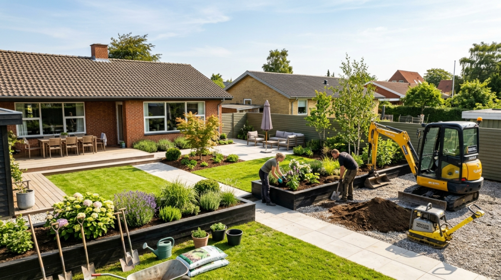 Wide-angle view of a weekend garden transformation project i