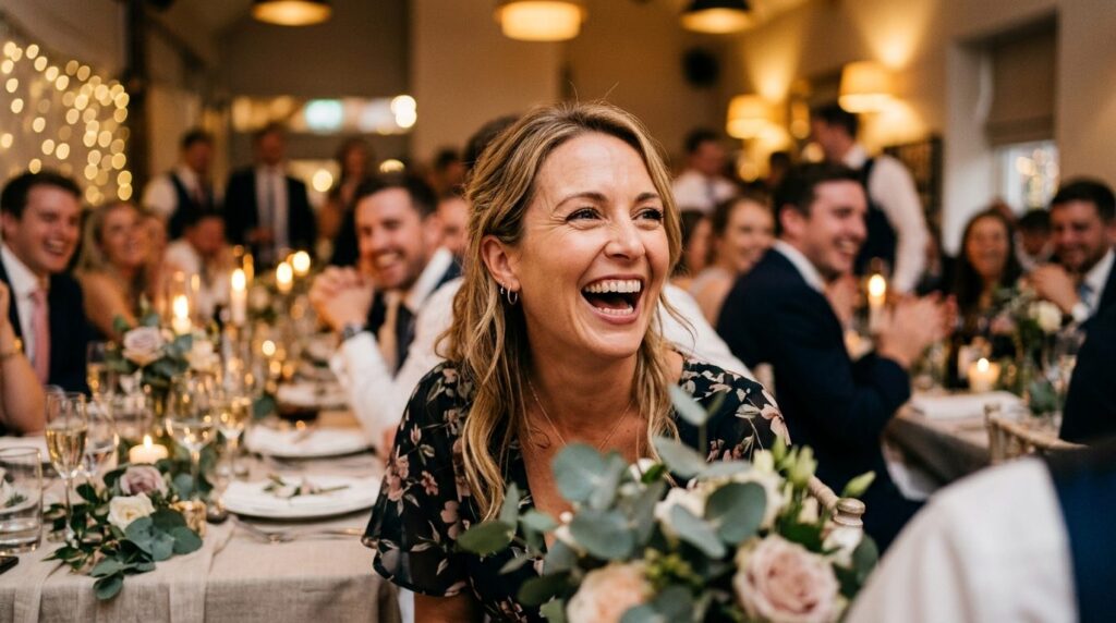 Close-up of a wedding guests delighted face mid-laugh at a 
