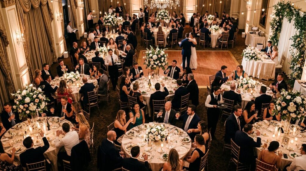 Overhead view of a wedding reception with guests actively en