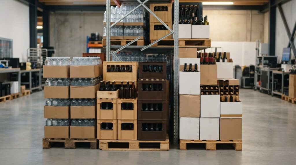 Close-up product photography of bulk beverage cases and crat