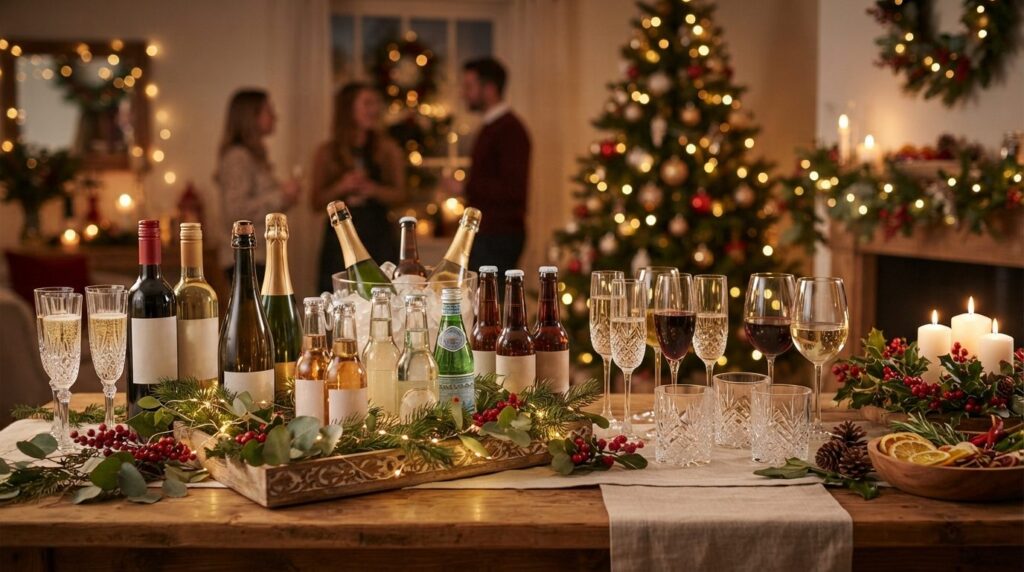 Festive Christmas party table setting with various drink opt