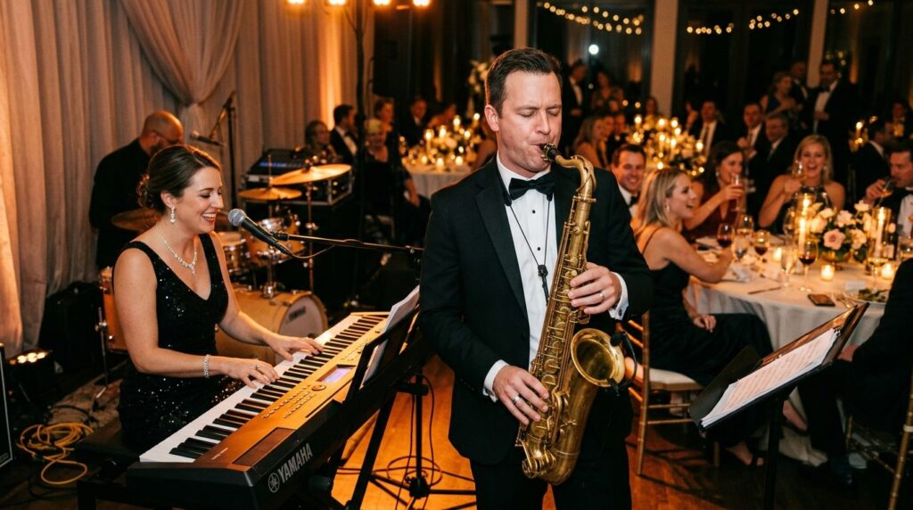 Close-up shot of professional live wedding band musicians pe