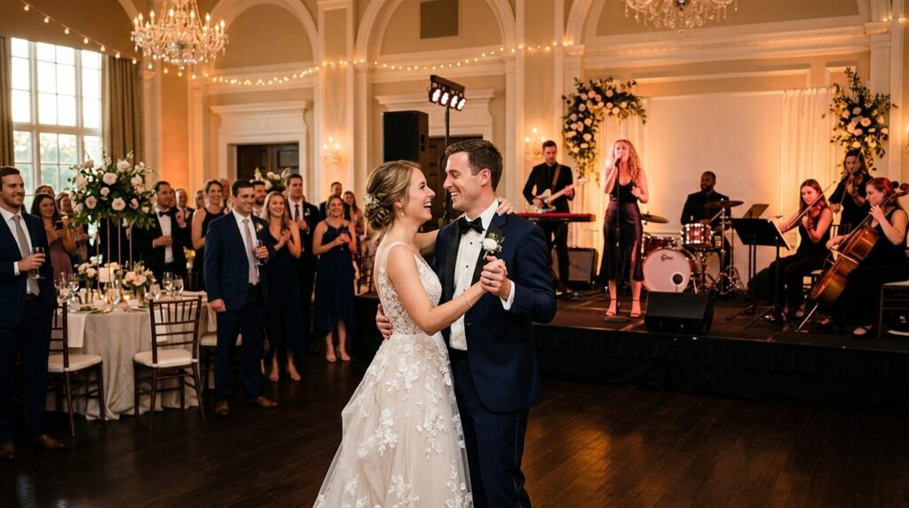 Bride and groom dancing together during live band performanc