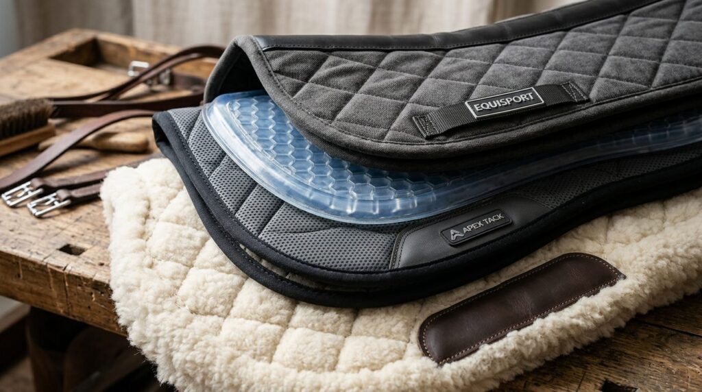 Close-up detailed shot of various saddle pad textures and ma