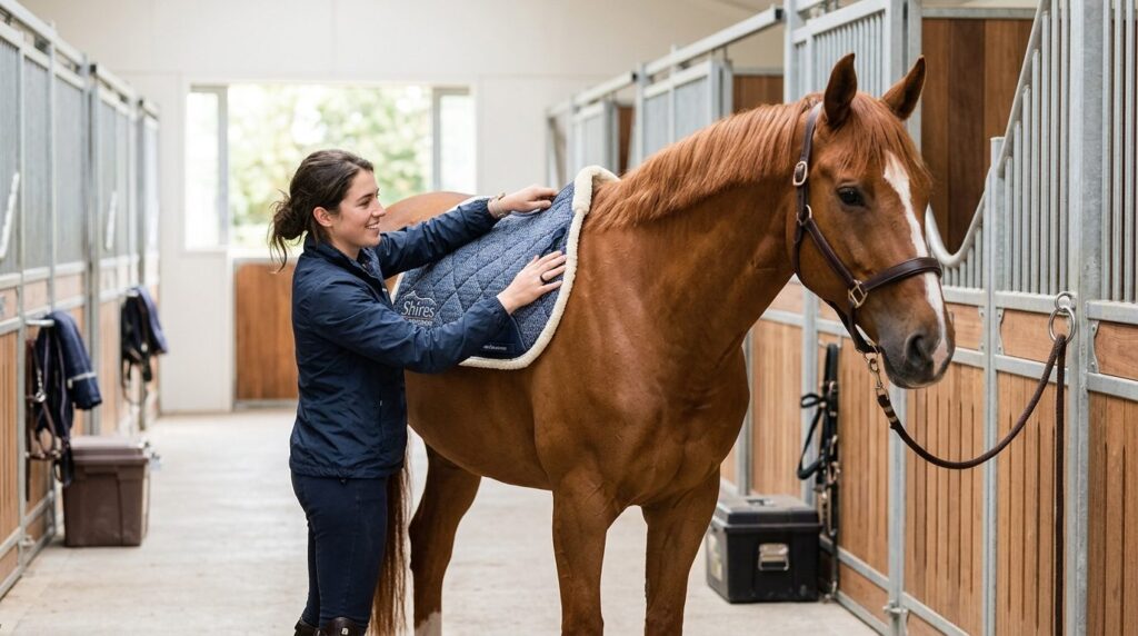 Candid lifestyle image of a casual equestrian rider adjustin
