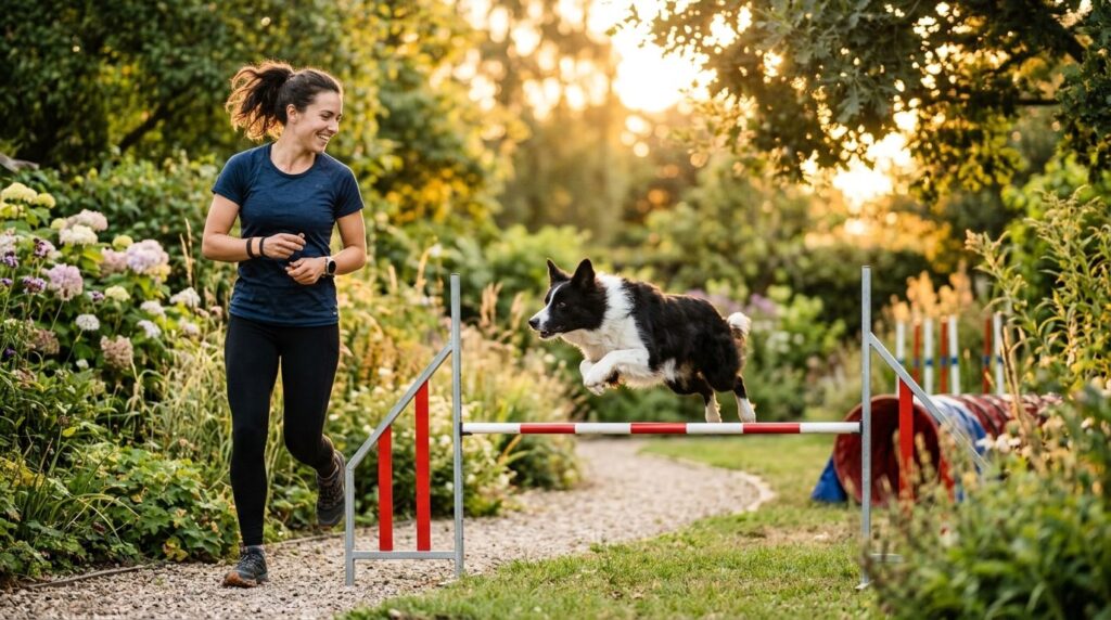 Active lifestyle scene of athletic female dog owner with a b