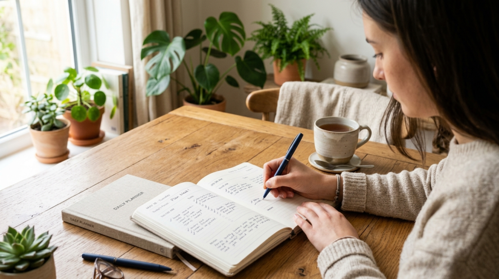 Photorealistic stock photo in 16:9 format of a person writin